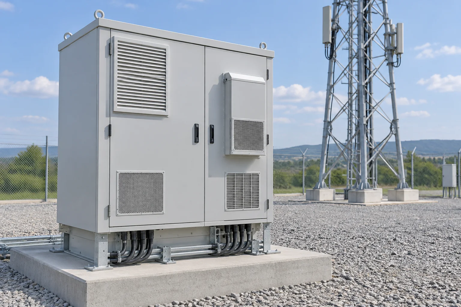 Communications equipment enclosure at an outdoor base station