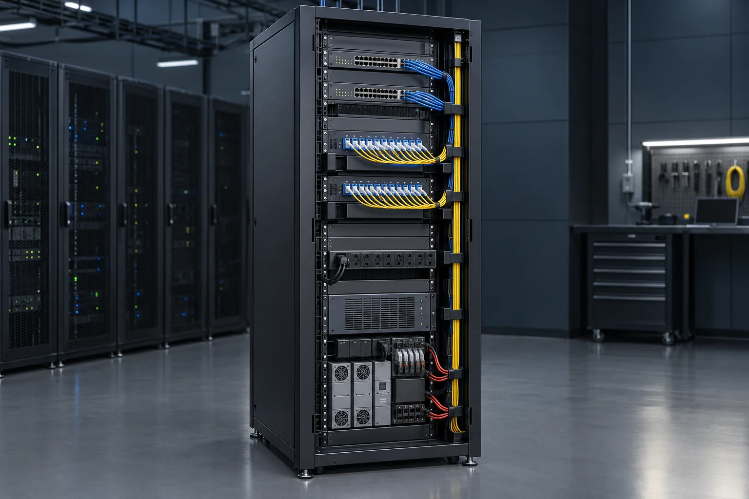 Integrated communications rack with equipment bays