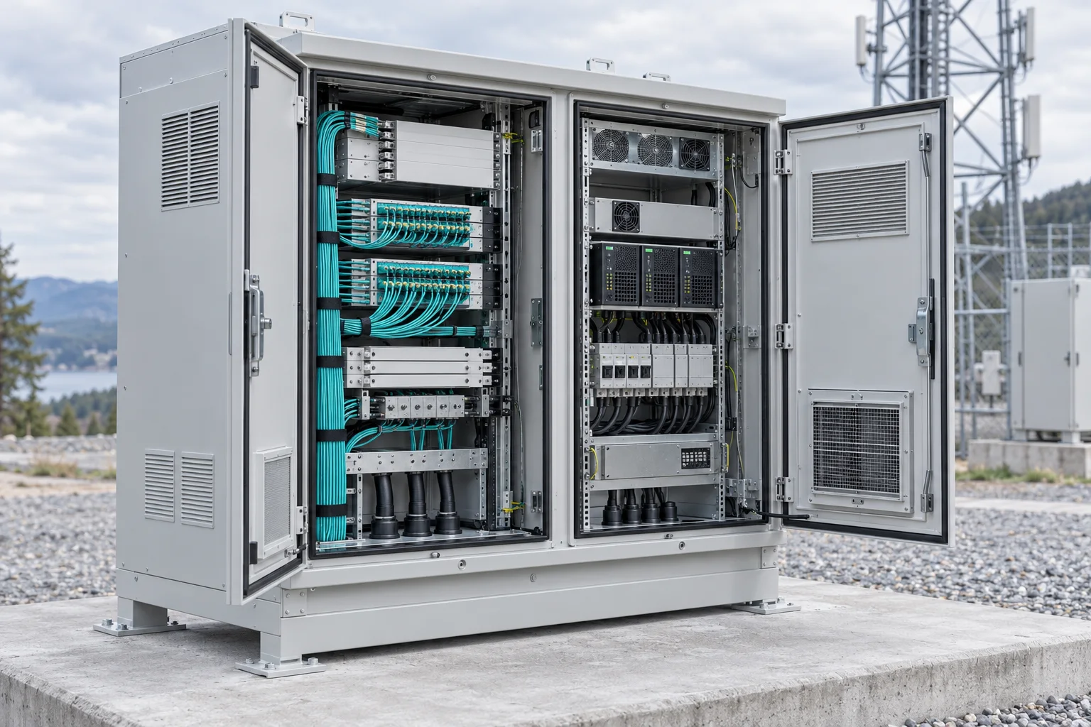 Outdoor telecom cabinet with equipment access doors